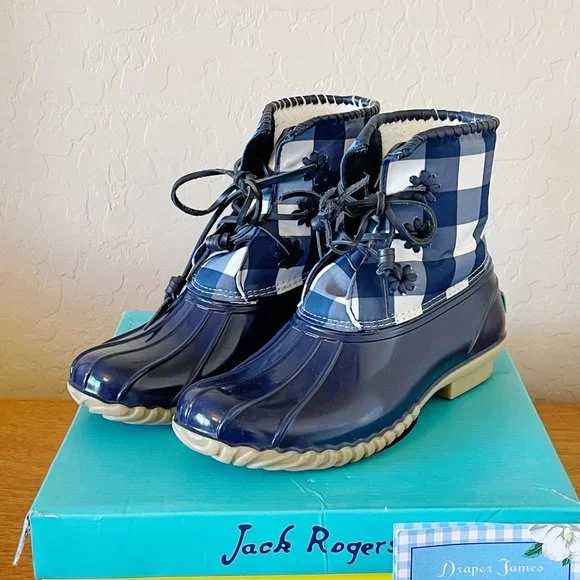 Jack Rogers Draper James 6 Chloe Midnight Blue White Gingham Check Boots Rare! - Picture 2 of 9